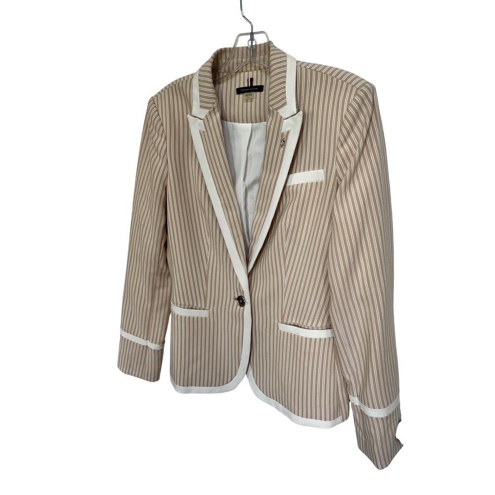 Tommy Hilfiger Womens Tan White Striped Blazer Elbow Patches Size 8 - Picture 3 of 9